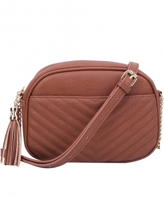Chevron Quilted Tassel Zip Crossbody Bag WU120 COFFEE